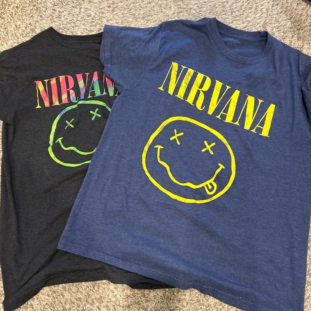 NIRVANA Blue and charcoal grey Smiley Face T-Shirts